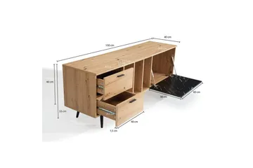 Lowboard Wohnling modernt spånskiva, 2 lådor, 1 dörr, förvaringsbrickor, metallben, modern stil Ek, Marmor, Svart - Ek, Marmor, Svart - Products - Möbler - TV- & Mediamöbler - TV bänk & mediabänk