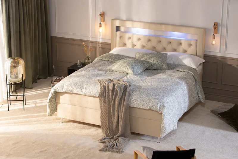 Alessia Komplett Sängpaket med Förvaring LED-belysning 160x200 cm - Biege - Products - Möbler - Säng - Säng med förvaring