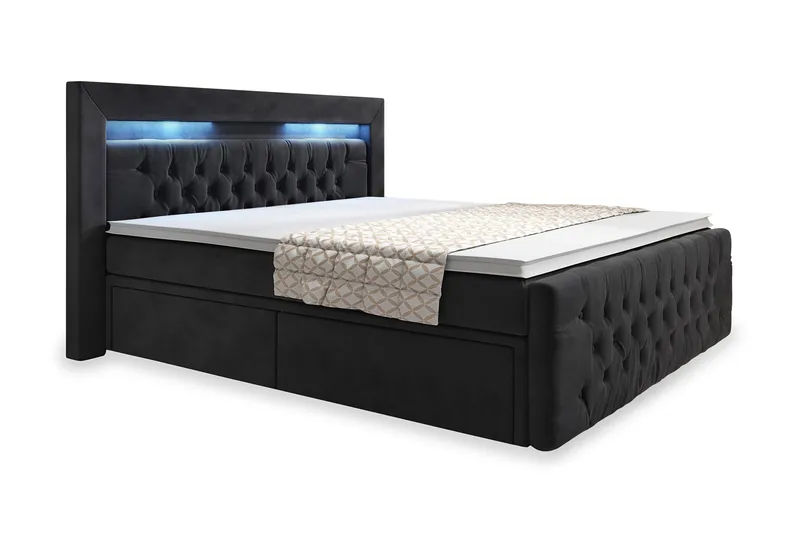 Franco Komplett Sängpaket med förvaring LED-belysning 180x200 cm - Svart / Sammet - Products - Möbler - Säng - Säng med förvaring