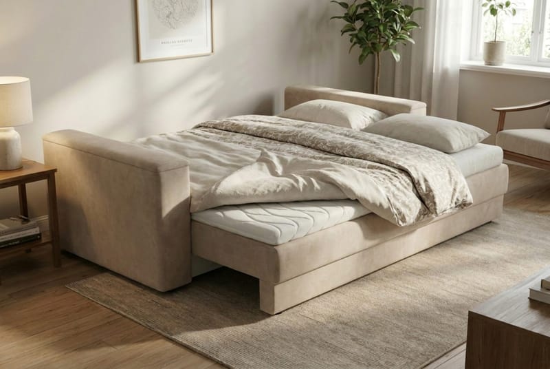 Bergen Extra djup 3-sits Bäddsoffa med Bäddmadrass i Latex och Tvättbar klädsel - Beige Tyg - Products - Möbler - Soffa - Bäddsoffa - 3 sits bäddsoffa