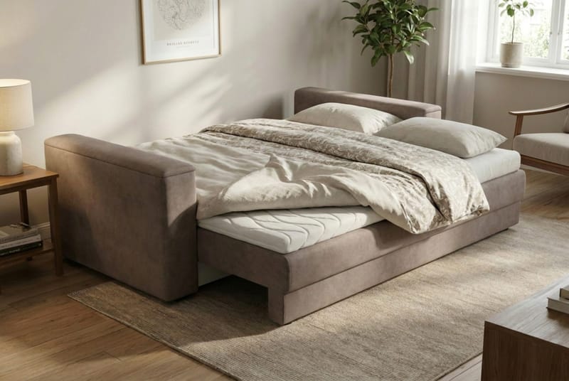 Bergen Extra djup 3-sits Bäddsoffa med Bäddmadrass i Polyesterskum Vändbar Sommar- & Vintersida och Tvättbar klädsel - Beige Tyg - Products - Möbler - Soffa - Bäddsoffa - 3 sits bäddsoffa