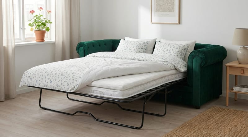 Chesterfield Lyx 3-sits Framåtbäddad Bäddsoffa med HVILA Bäddmadrass 140x200 cm Polyesterskum Vändbar Sommar & Vintersida och Tvättbar klädsel - Grön/Vit - Products - Möbler - Soffa - Bäddsoffa - 3 sits bäddsoffa