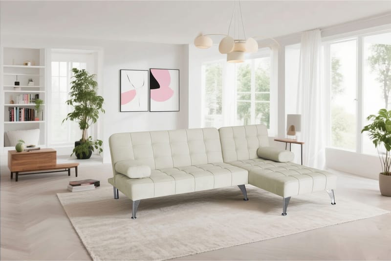 Divansoffa med bäddfunktion beige sammet, beige