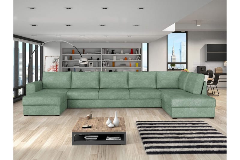 Taberk Bäddsoffa med Divan och Schäslong 5-sits i Bouclé - Grön - Products - Möbler - Soffa - Bäddsoffa - Bäddsoffa divan