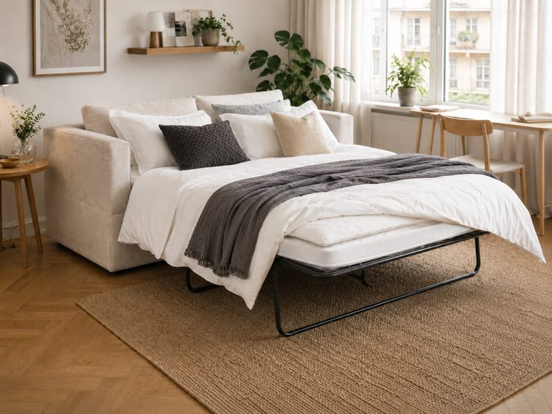 Travstad 3-sits Bäddsoffa med HVILA Bäddmadrass 140x200 cm Polyesterskum med Tvättbar klädsel - Beige/Vit - Products - Möbler - Soffa - Bäddsoffa - 3 sits bäddsoffa