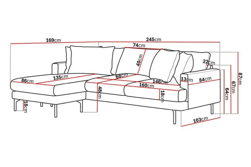 Menard 3-sits Vänstervänd L-formad Divansoffa i Tyg - Grå - Products - Möbler - Soffa - Divansoffa & schäslongsoffa - 3 sits soffa med divan
