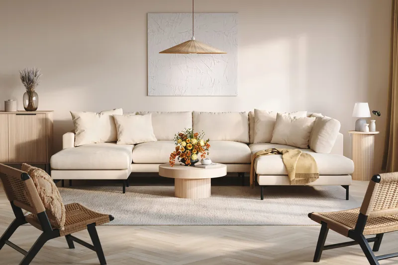 Menard 4-sits Högervänd Stor U-formad Djup Soffa med Divan och Schäslong i Manchester - Beige - Products - Möbler - Soffa - Divansoffa & schäslongsoffa - 4 sits soffa med divan