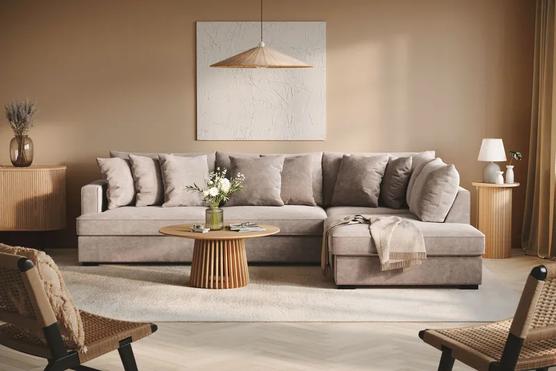 Rossita 4-sits Högervänd L-formad Djup Schäslongsoffa i Chenille - Grå / Brun - Products - Möbler - Soffa - Divansoffa & schäslongsoffa - 4 sits soffa med divan