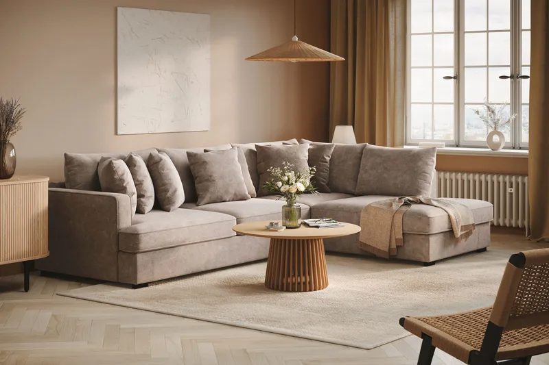 Rossita 4-sits Högervänd L-formad Djup Schäslongsoffa i Chenille - Grå / Brun - Products - Möbler - Soffa - Divansoffa & schäslongsoffa - 4 sits soffa med divan
