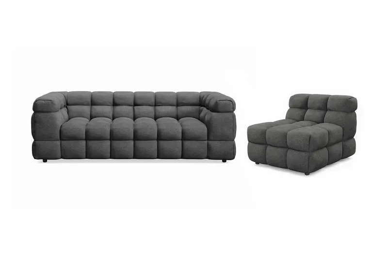 Elise Bubblig Soffgrupp 3-sits Soffa + Fåtölj, Mörkgrå