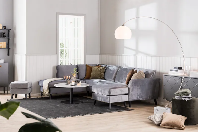 Trend 5-sits Högervänd L-formad Hörnsoffa med Divan i Sammet - Ljusgrå - Products - Möbler - Soffa - Hörnsoffa