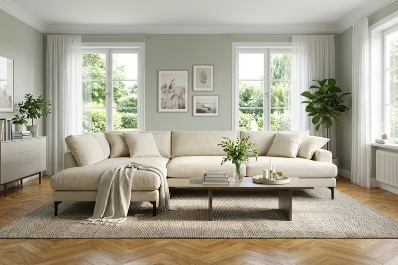 Menard Premium 5-sits Vänstervänd L-formad Djup Schäslongsoffa i Chenille - Beige - Products - Möbler - Soffa - Divansoffa & schäslongsoffa
