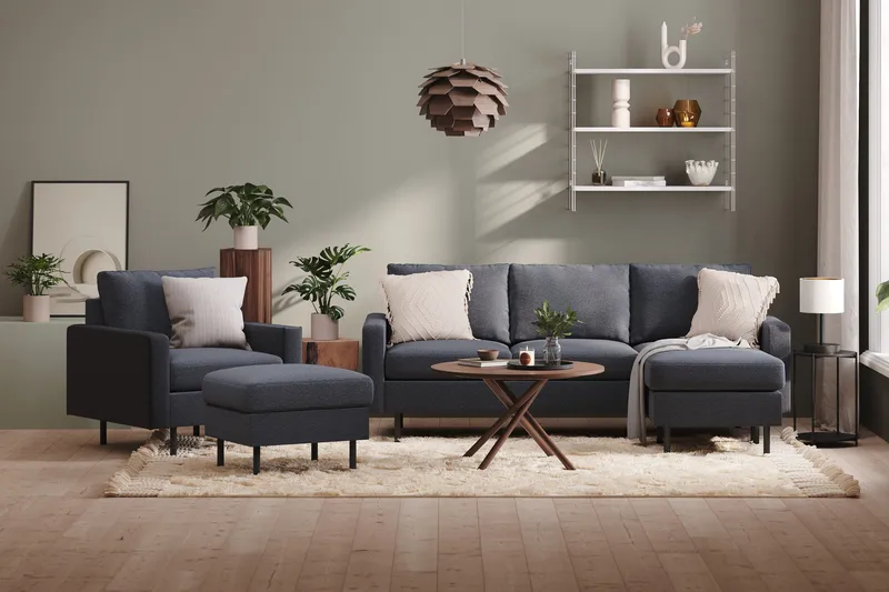 Peppe Soffgrupp 3-sits Vändbar L-formad Divansoffa + Fåtölj + Fotpall i Tyg - Mörkgrå - Products - Möbler - Soffa - Soffgrupp