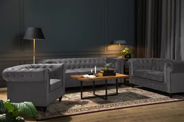 Chesterfield Lyx Soffgrupp 3+2+1 i Sammet - Mörkgrå / Grå - Products - Möbler - Soffa - Soffgrupp - Chesterfield soffgrupp