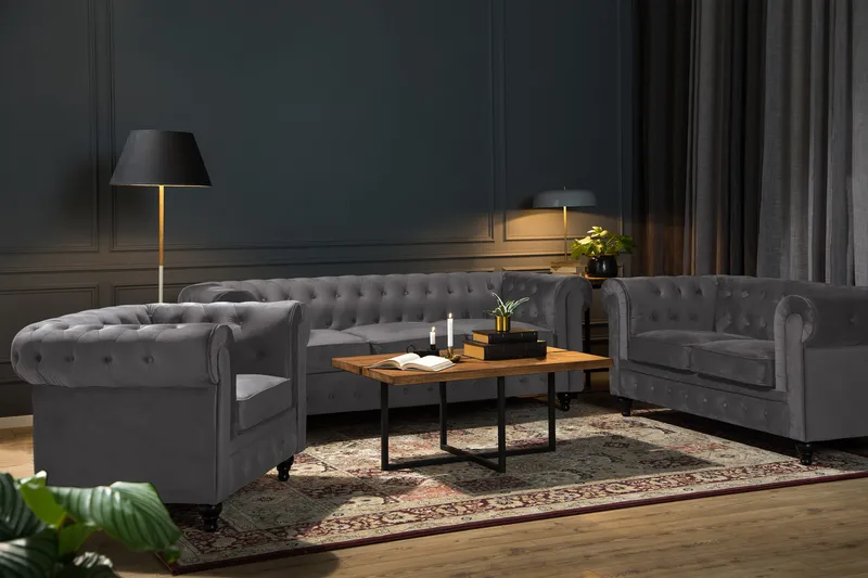 Chesterfield Lyx Soffgrupp 3+2+1 i Sammet - Mörkgrå / Grå - Products - Möbler - Soffa - Soffgrupp - Chesterfield soffgrupp