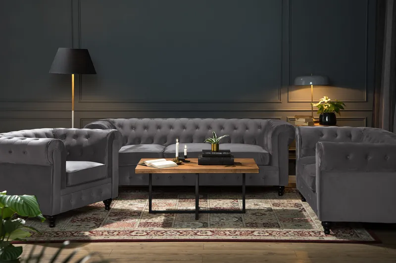 Chesterfield Lyx Soffgrupp 3+2+1 i Sammet - Mörkgrå / Grå - Products - Möbler - Soffa - Soffgrupp - Chesterfield soffgrupp