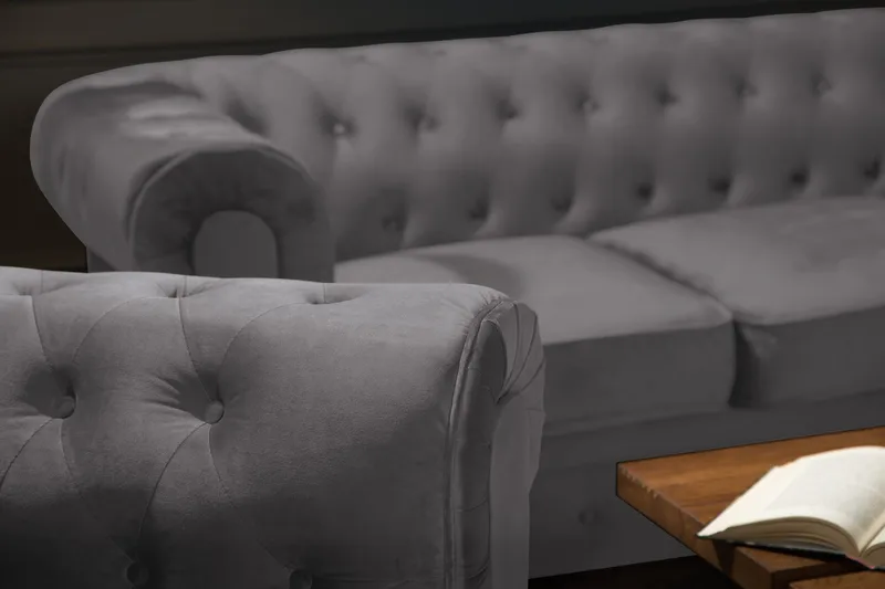 Chesterfield Lyx Soffgrupp 3+2+1 i Sammet - Mörkgrå / Grå - Products - Möbler - Soffa - Soffgrupp - Chesterfield soffgrupp