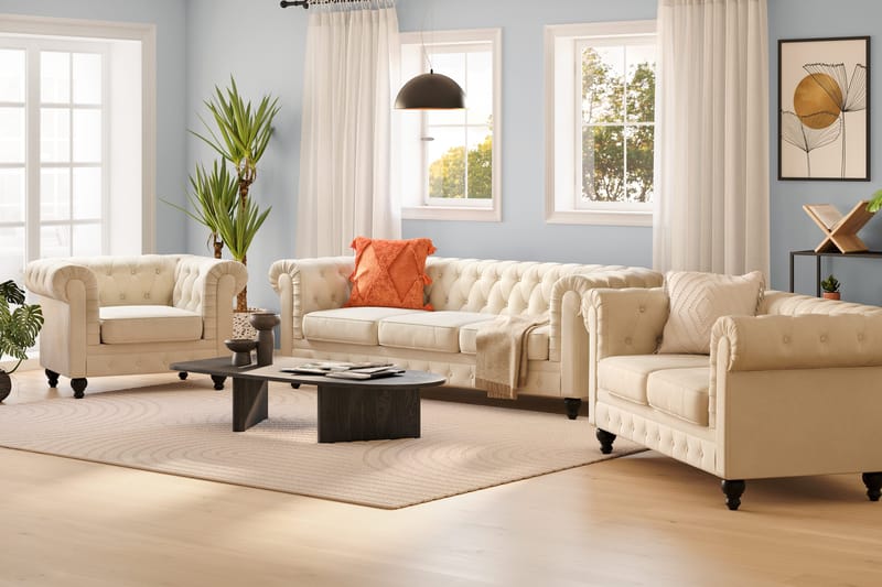 Chesterfield Lyx Soffgrupp 3-sits+2-sits+Fåtölj - Beige - Products - Möbler - Soffa - Soffgrupp - Chesterfield soffgrupp