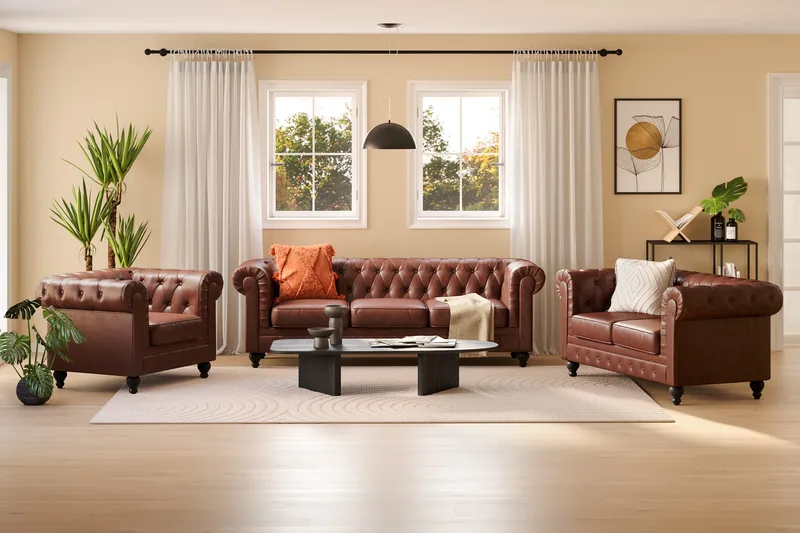 Chesterfield Lyx Soffgrupp 3-sits+2-sits+Fåtölj - Brun - Products - Möbler - Soffa - Soffgrupp - Chesterfield soffgrupp