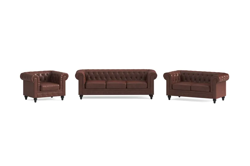 Chesterfield Lyx Soffgrupp 3-sits+2-sits+Fåtölj, Brun