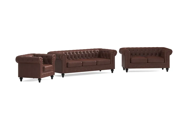 Chesterfield Lyx Soffgrupp 3-sits+2-sits+Fåtölj - Brun - Products - Möbler - Soffa - Soffgrupp - Chesterfield soffgrupp