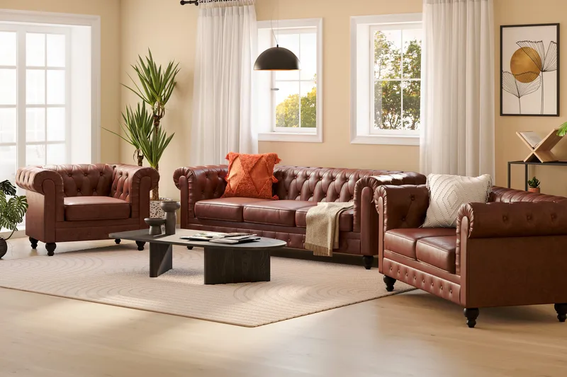 Chesterfield Lyx Soffgrupp 3-sits+2-sits+Fåtölj - Brun - Products - Möbler - Soffa - Soffgrupp - Chesterfield soffgrupp