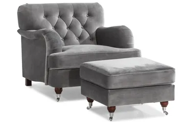 Howard Riviera Soffgrupp Svängd 3-sits + 2-sits Soffa + Fåtölj + Fotpall i Sammet - Ljusgrå - Products - Möbler - Soffa - Soffgrupp - Howard soffgrupp