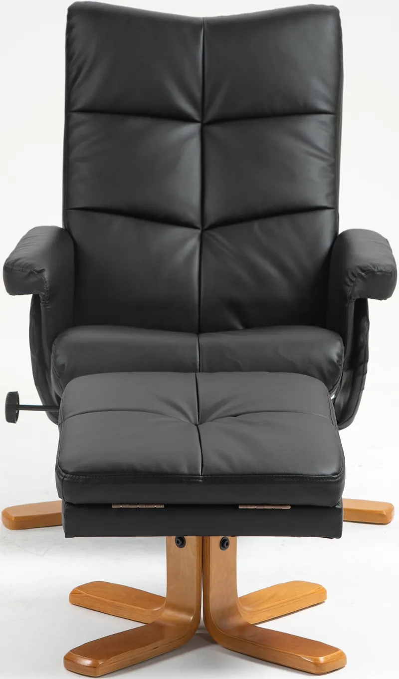Duva reclinerfåtölj med fotpall i svart PU med bruna ben, Svart