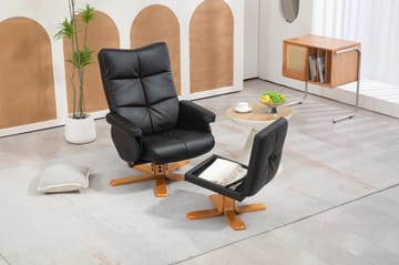 Duva reclinerfåtölj med fotpall i svart PU med bruna ben - Svart - Products - Möbler - Fåtölj & stolar - Fåtölj - Biofåtölj & reclinerfåtölj
