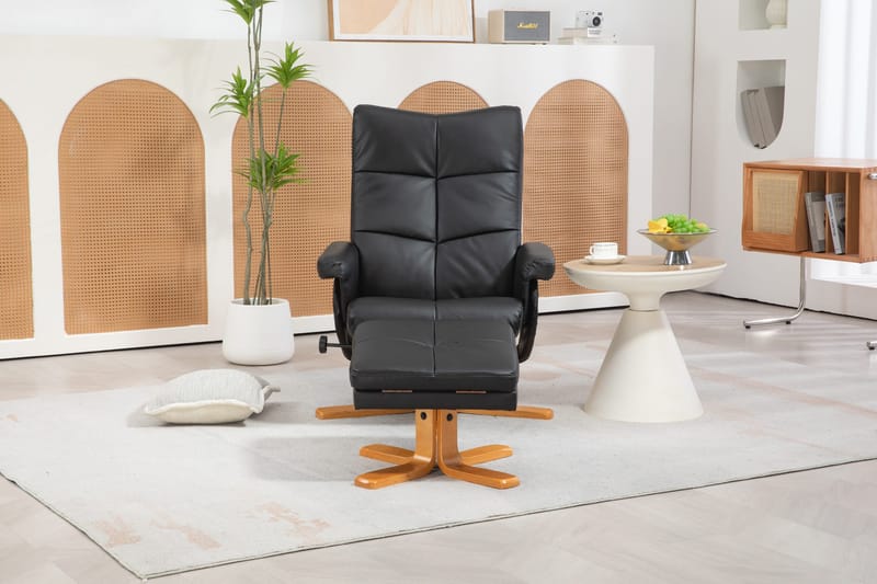 Duva reclinerfåtölj med fotpall i svart PU med bruna ben - Svart - Products - Möbler - Fåtölj & stolar - Fåtölj - Biofåtölj & reclinerfåtölj