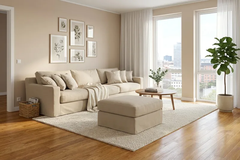 Valencia Extra Djup 5-sits soffa + fotpall med avtagbar och tvättbar klädsel - Beige - Products - Möbler - Soffa