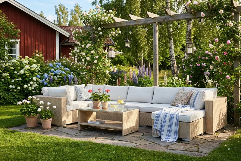 Bahamas U-formad utomhus loungegrupp 7-sits med vändbar divan och bord med hylla - Beige - Products - Utemöbler & utemiljö - Loungemöbler - Loungeset & loungegrupp