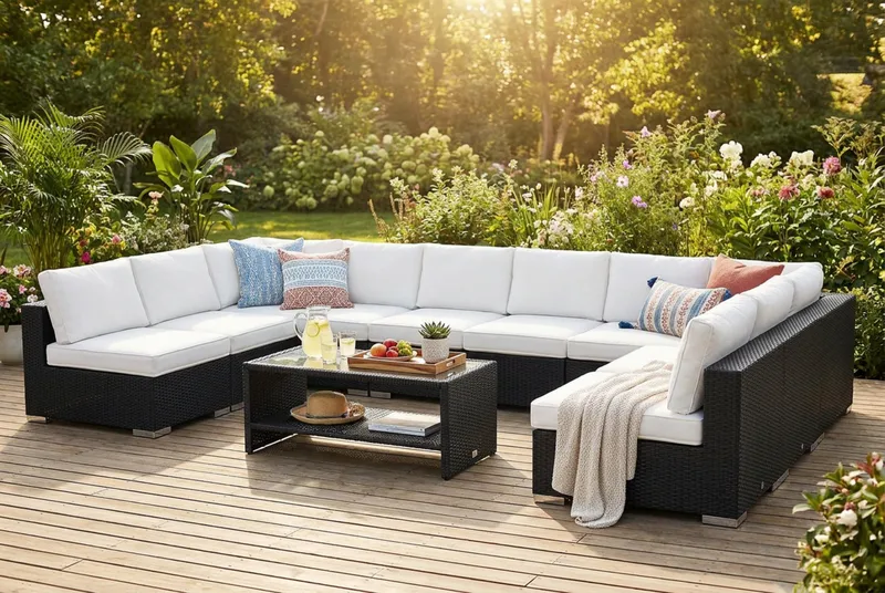 Bahamas U-formad utomhus loungegrupp med öppet avslut, 9-sits med bord och hylla - Svart - Products - Utemöbler & utemiljö - Loungemöbler - Loungeset & loungegrupp