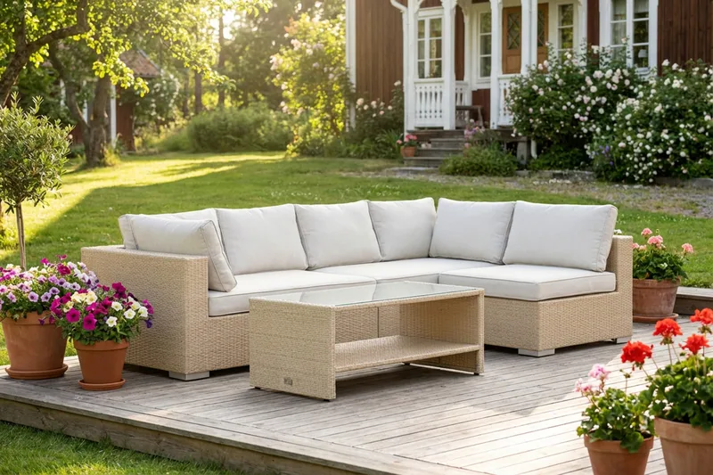 Bahamas utomhus loungegrupp 5-sits med vändbar schäslong och bord med hylla - Beige - Products - Utemöbler & utemiljö - Loungemöbler - Loungeset & loungegrupp