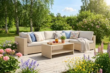 Bahamas utomhus loungegrupp 6-sits med vändbar schäslong och bord med hylla - Beige - Products - Utemöbler & utemiljö - Loungemöbler - Loungeset & loungegrupp