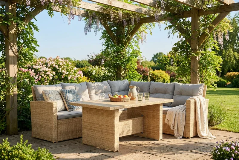 James 5-sits Högervänd Loungegrupp Utomhus – Soffgrupp med ljusgrå dynor och bord i konstrotting - Ljusgrå / Beige - Products - Utemöbler & utemiljö - Loungemöbler - Loungeset & loungegrupp