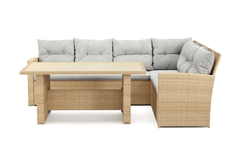 James 5-sits Högervänd Loungegrupp Utomhus – Soffgrupp med ljusgrå dynor och bord i konstrotting, Ljusgrå / Beige