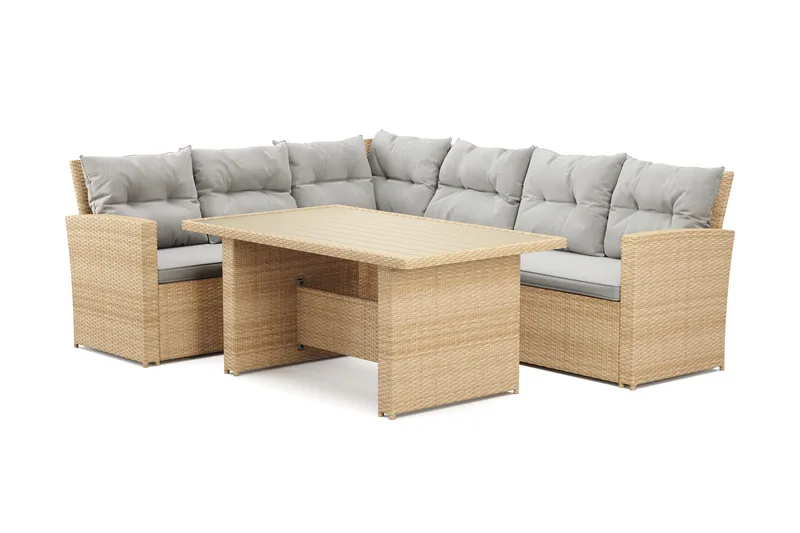 James 5-sits Vänstervänd Loungegrupp Utomhus – Soffgrupp med ljusgrå dynor och bord i konstrotting - Ljusgrå / Beige - Products - Utemöbler & utemiljö - Loungemöbler - Loungeset & loungegrupp