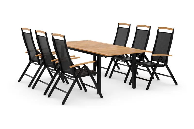 Las Vegas Matgrupp Utomhus 152-210 + 6 Positionsstol Lyx - Svart Teak - Products - Utemöbler & utemiljö - Utegrupp - Matgrupp utomhus