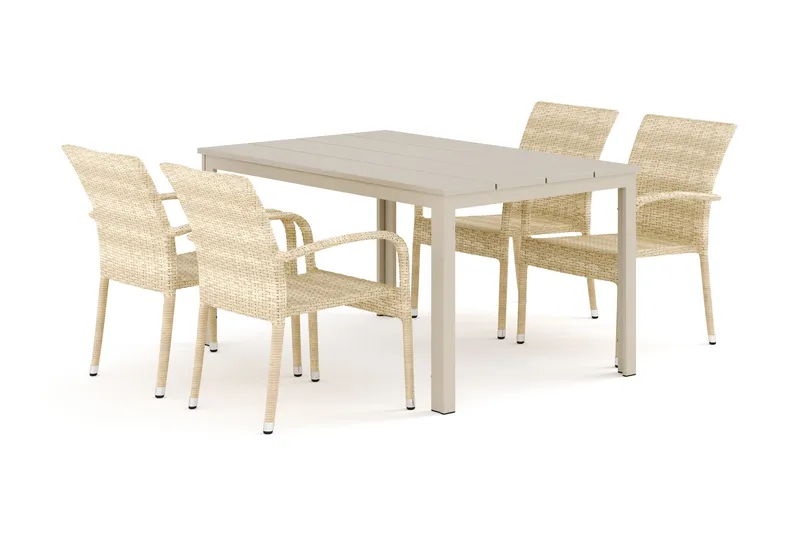 Tunis utomhus matgrupp 140x90 cm med 4 Thor Light utefåtöljer, Beige/Beige