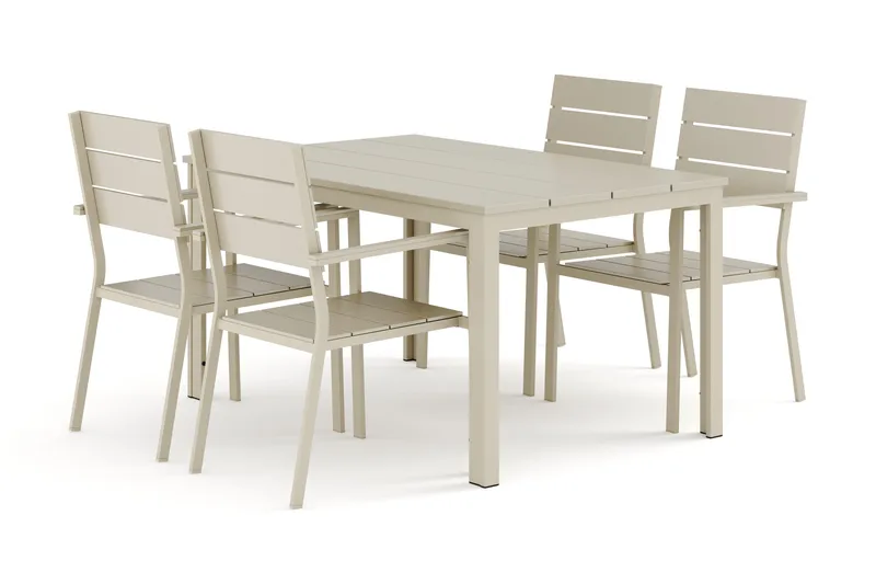 Tunis utomhus matgrupp 140x90 cm med 4 Tunis stapelstolar, Beige/Beige