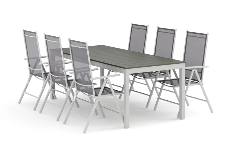 Tunis utomhus matgrupp förlängningsbart 205/305x90 cm med 6 Maggie positionsstolar, Vit/Grå